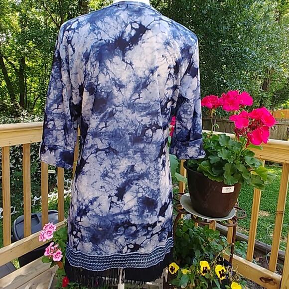 Indigo Soul Tunic Tassles Fringe Blue/White Large Blouse Top - Picture 5 of 7